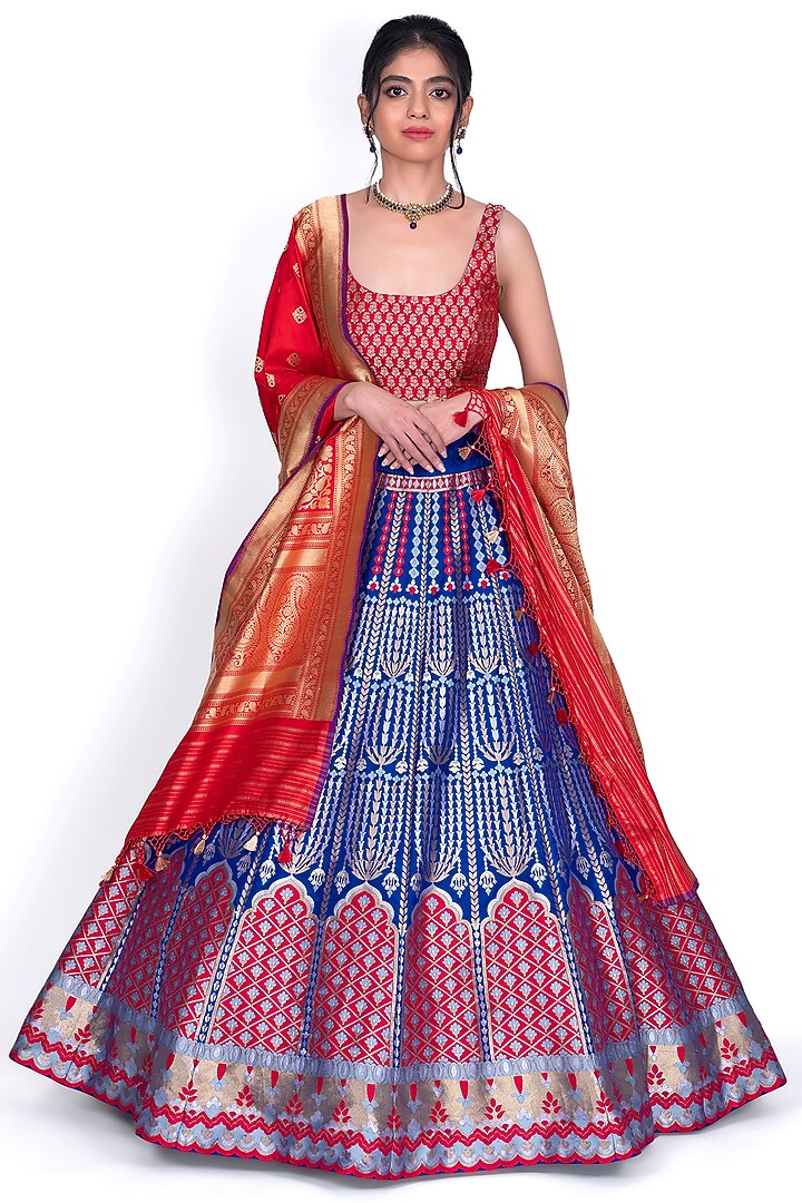 Ink Blue Banarasi Silk Wedding Lehenga Set by Warp 'N Weft at Pernia's Pop Up Shop