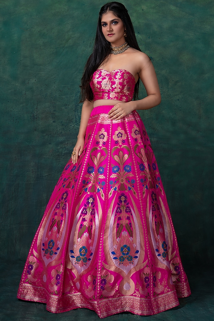 Hot Pink Banarasi Silk Lehenga Set by Warp 'N Weft