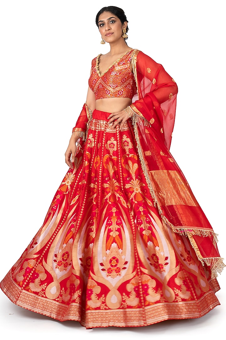Red Banarasi Silk Lehenga Set by Warp 'N Weft