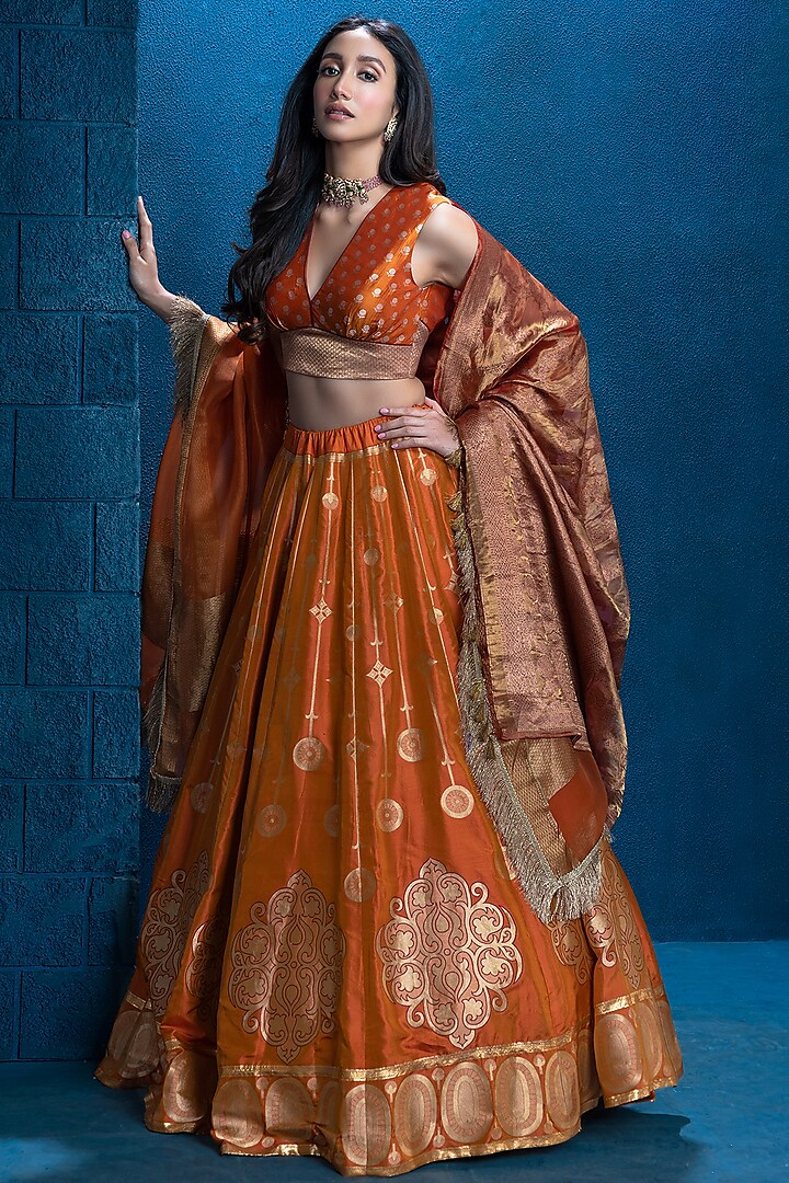 Rust Handwoven Banarasi Lehenga Set by Warp 'N Weft