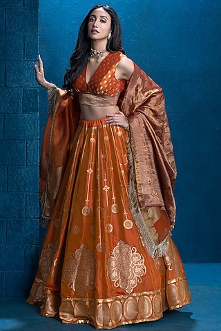 Rust Handwoven Banarasi Lehenga Set by Warp 'N Weft