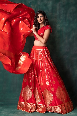 Red Handwoven Banarasi Lehenga Set by Warp 'N Weft