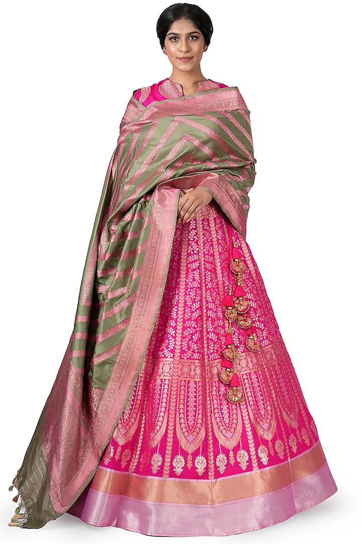 Hot Pink Handwoven Banarasi Lehenga Set by Warp 'N Weft