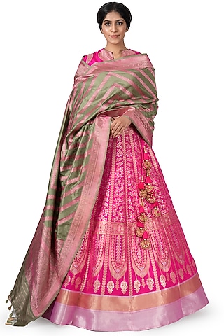 Hot Pink Handwoven Banarasi Lehenga Set by Warp 'N Weft