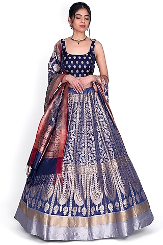 Navy Blue Kora Silk Lehenga Set by Warp 'N Weft