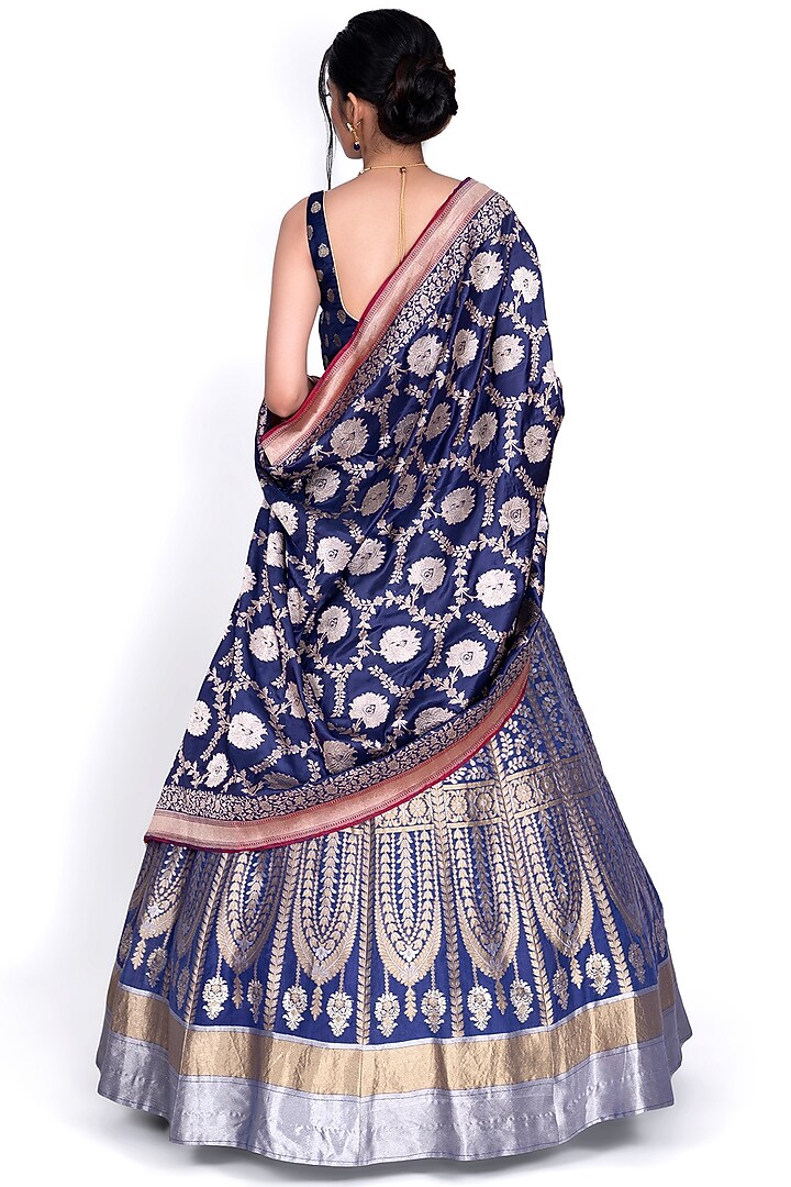 Navy Blue Kora Silk Wedding Lehenga Set by Warp 'N Weft at Pernia's Pop Up Shop