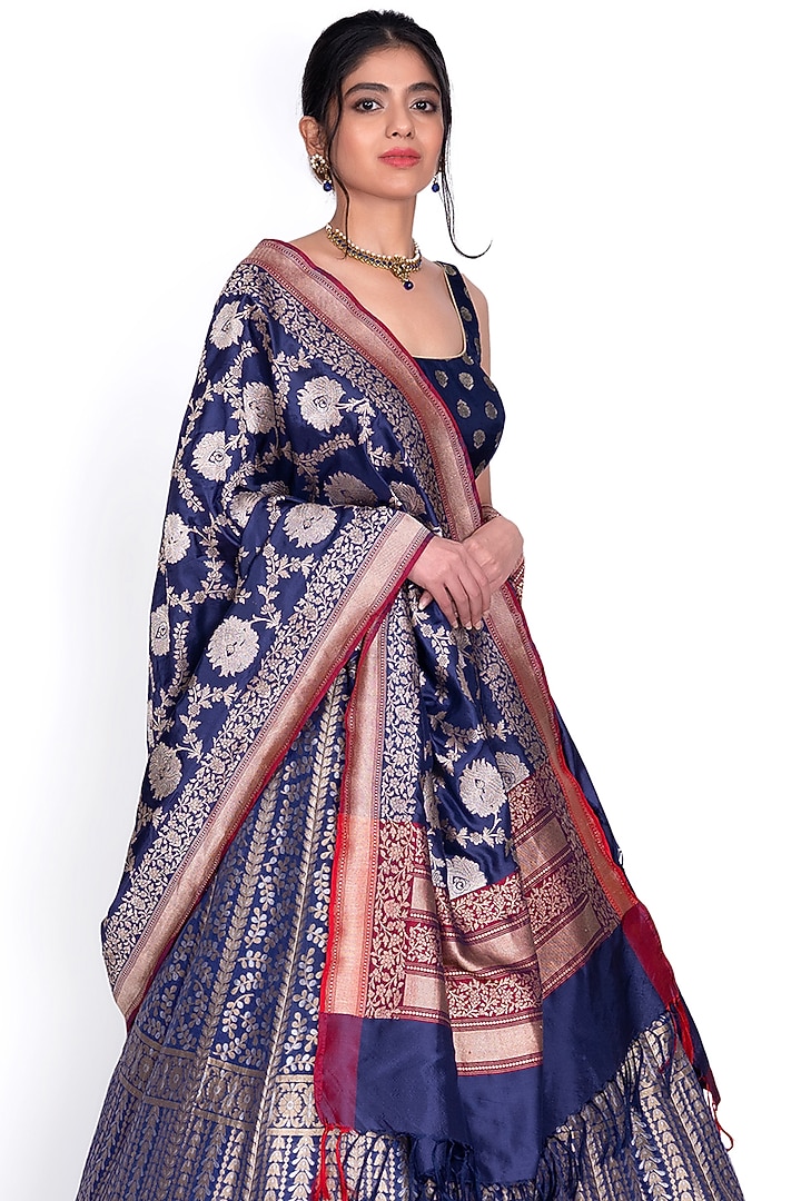 Navy Blue Kora Silk Wedding Lehenga Set by Warp 'N Weft at Pernia's Pop Up Shop