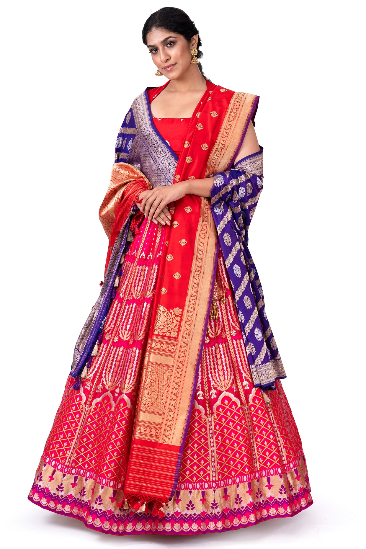 Warp 'N Weft Red Handwoven Banarasi Lehenga Set