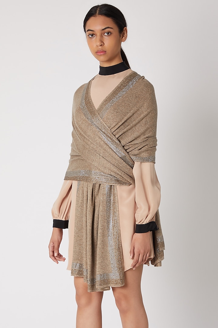 Beige Knitted & Swarovski Embroidered Shawl by Wrapture by Suzanne at Pernia's Pop Up Shop