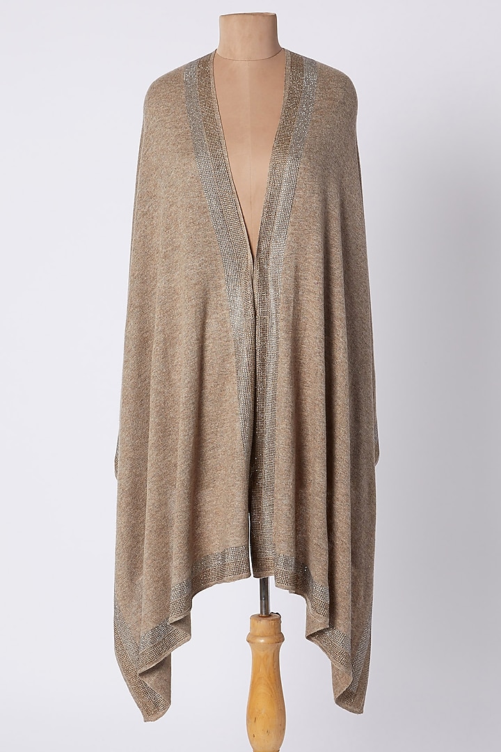 Beige Knitted & Swarovski Embroidered Shawl by Wrapture by Suzanne at Pernia's Pop Up Shop