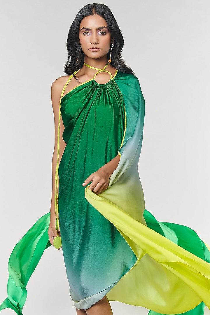 One-Shoulder Green Ombre Printed Ring Vacation Dress by Amit Aggarwal X Wendell Rodricks at Pernia's Pop Up Shop