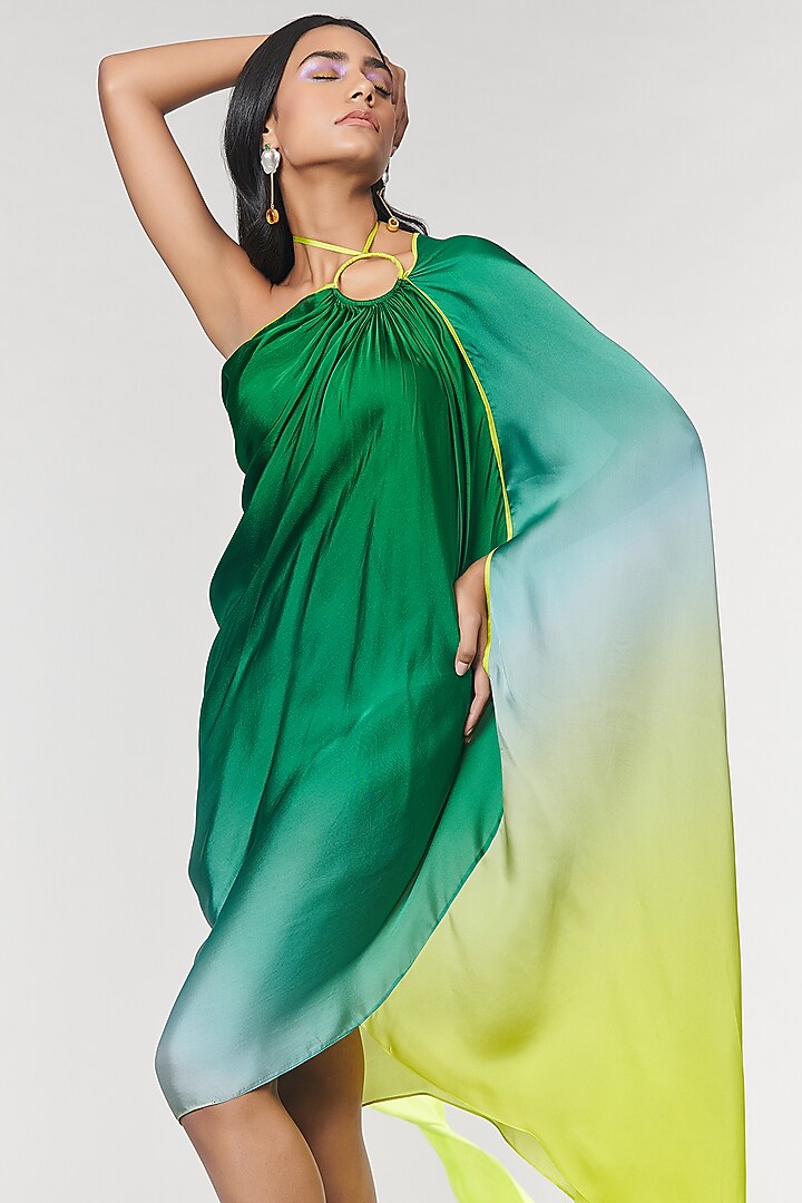 One-Shoulder Green Ombre Printed Ring Vacation Dress by Amit Aggarwal X Wendell Rodricks at Pernia's Pop Up Shop