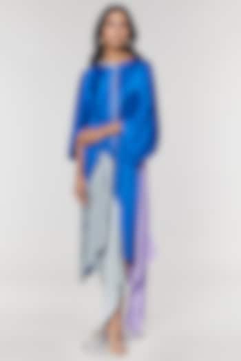 Blue & Grey Colorblock Fringed Neckline Asymmetrical Vacation Dress by Amit Aggarwal X Wendell Rodricks at Pernia's Pop Up Shop