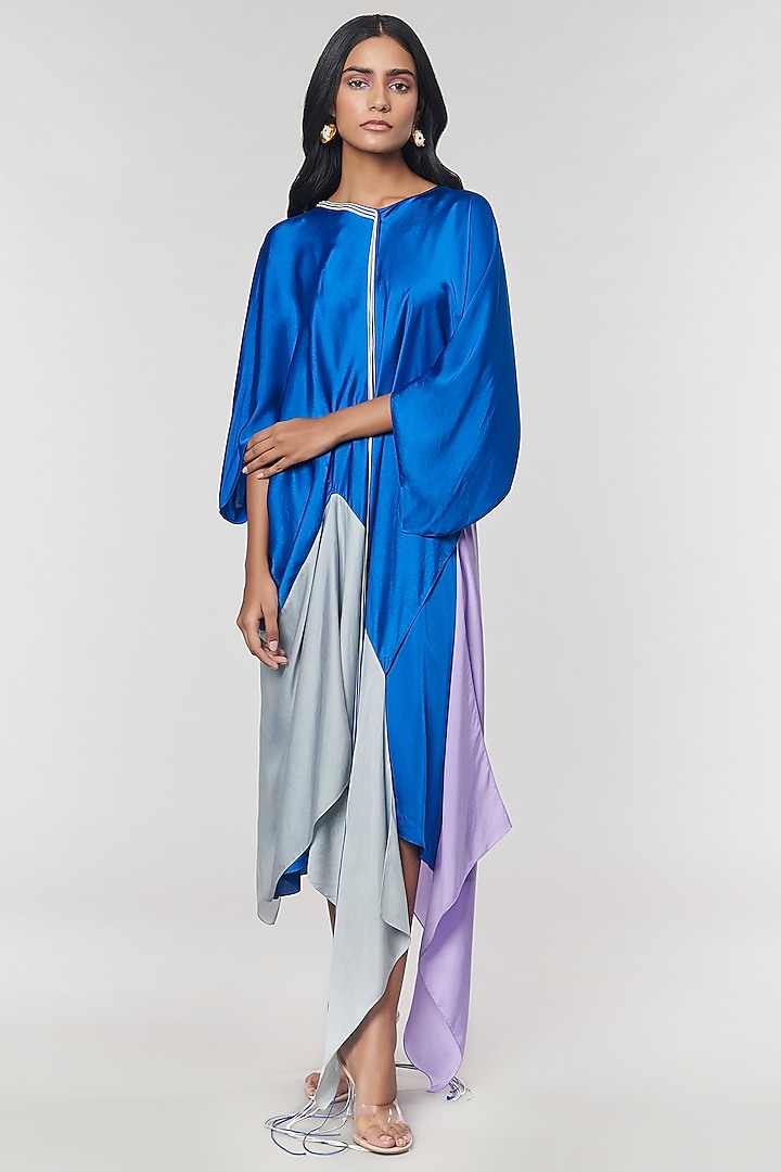 Blue & Grey Colorblock Fringed Neckline Asymmetrical Vacation Dress by Amit Aggarwal X Wendell Rodricks at Pernia's Pop Up Shop