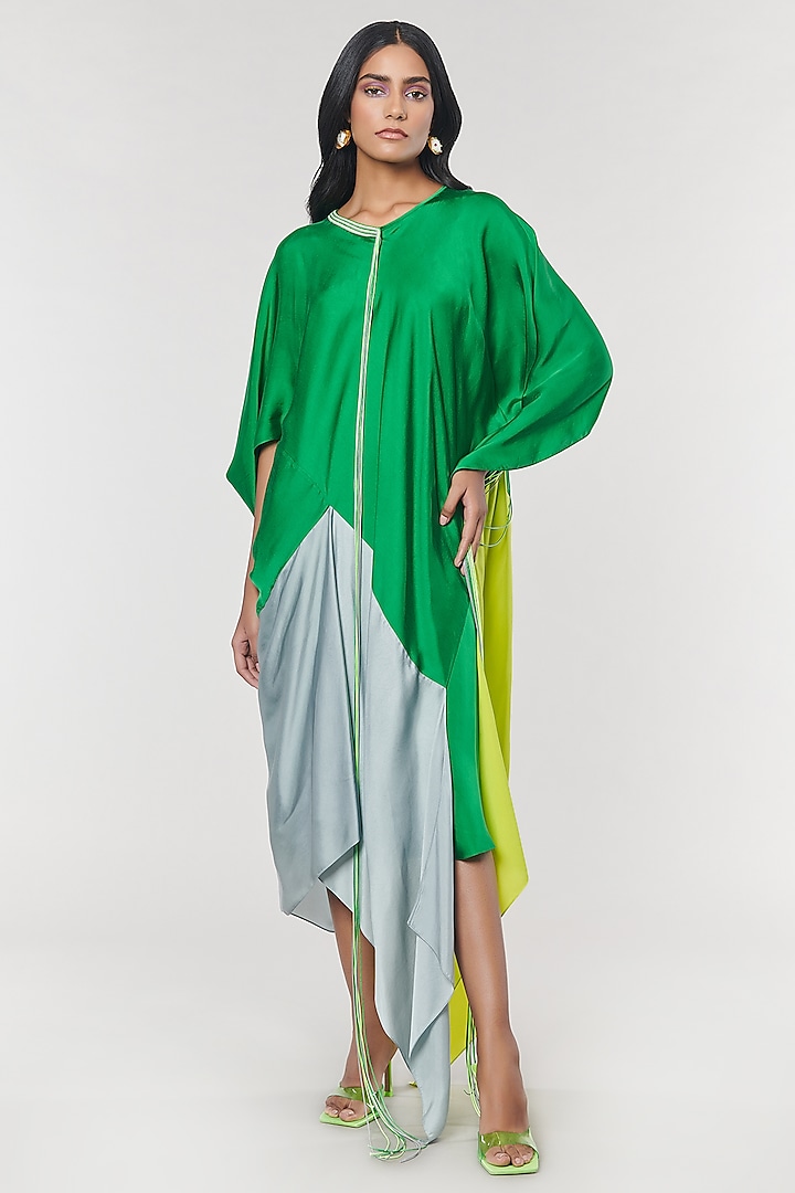 Neon & Green Colorblock Fringed Neckline Asymmetrical Dress by Amit Aggarwal X Wendell Rodricks at Pernia's Pop Up Shop