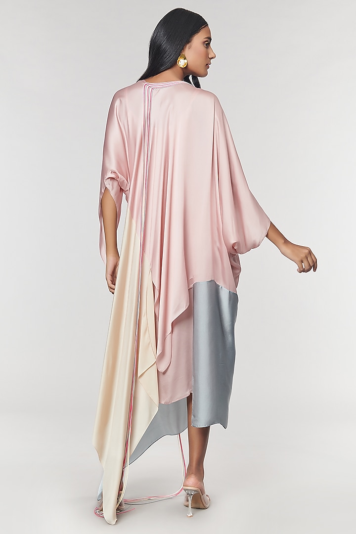 Champagne & Grey Colorblock Fringed Neckline Asymmetrical Vacation Dress by Amit Aggarwal X Wendell Rodricks at Pernia's Pop Up Shop