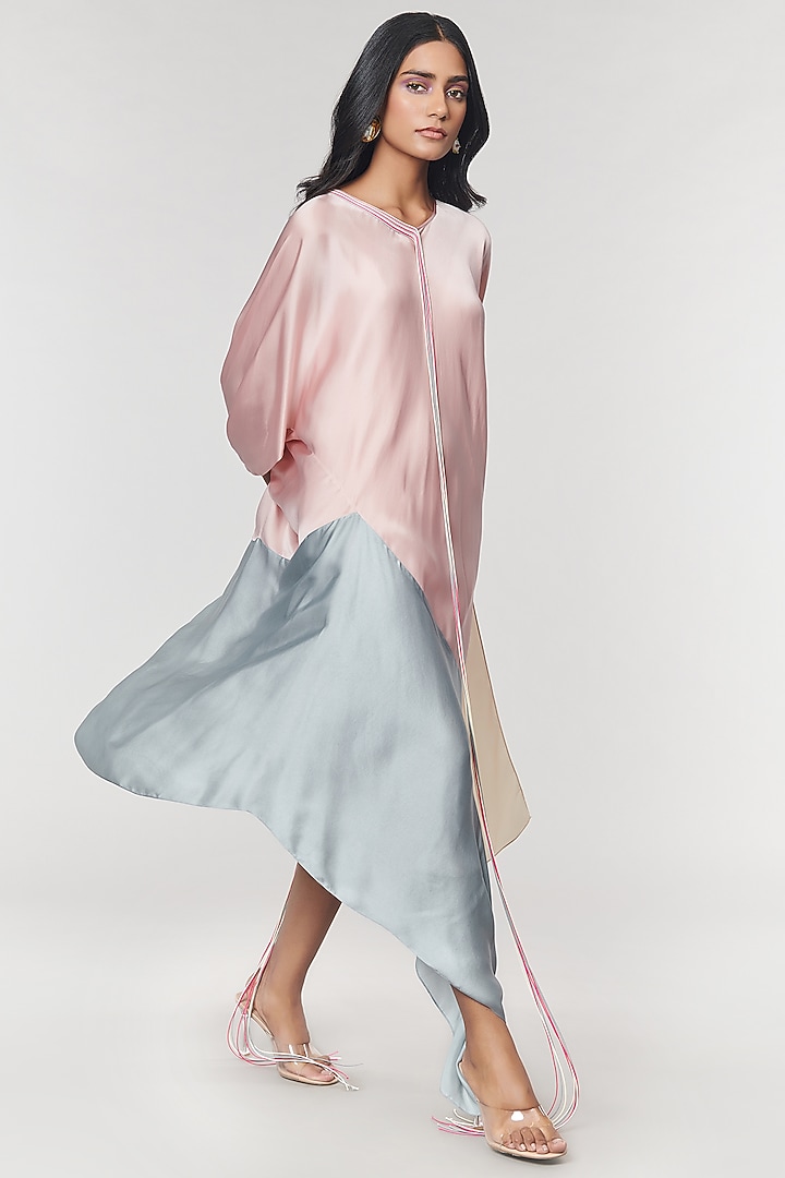 Champagne & Grey Colorblock Fringed Neckline Asymmetrical Vacation Dress by Amit Aggarwal X Wendell Rodricks at Pernia's Pop Up Shop