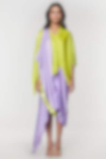 Neon & Purple Scalloped Detailed Draped Sash Dress by Amit Aggarwal X Wendell Rodricks at Pernia's Pop Up Shop