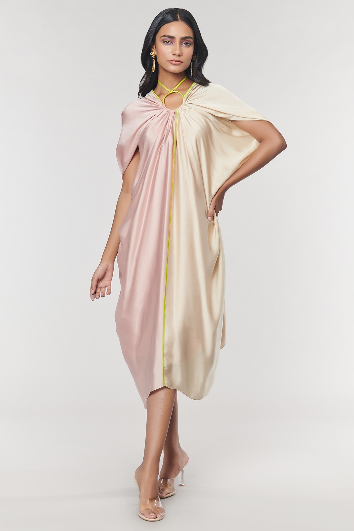 MISH Beige Satin V Neck Maxi Dress