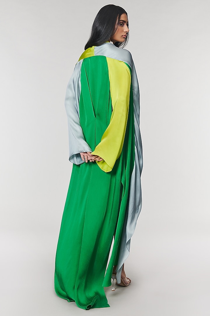 Green & Neon Scalloped Detailed Cape With Grey Slip Vacation Dress by Amit Aggarwal X Wendell Rodricks at Pernia's Pop Up Shop