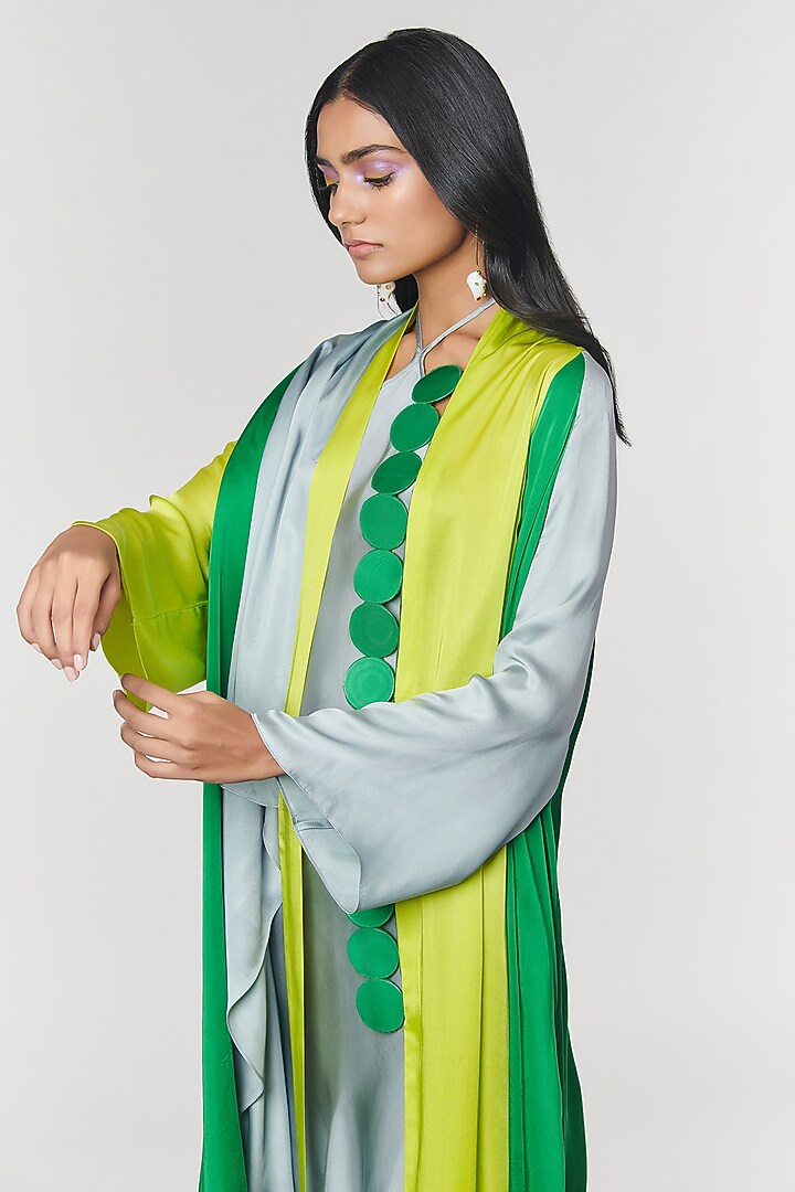 Green & Neon Scalloped Detailed Cape With Grey Slip Vacation Dress by Amit Aggarwal X Wendell Rodricks at Pernia's Pop Up Shop