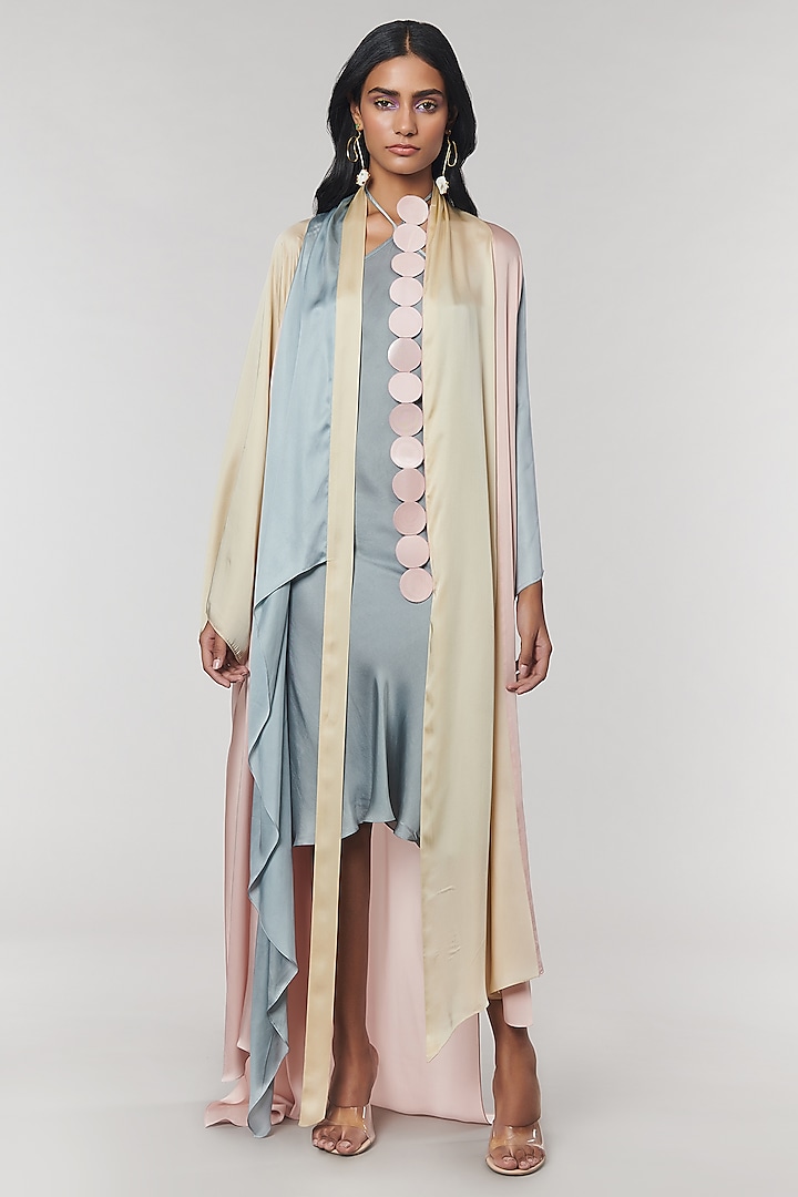 Grey & Blush Scalloped Detailed Cape With Grey Slip Dress by Amit Aggarwal X Wendell Rodricks at Pernia's Pop Up Shop