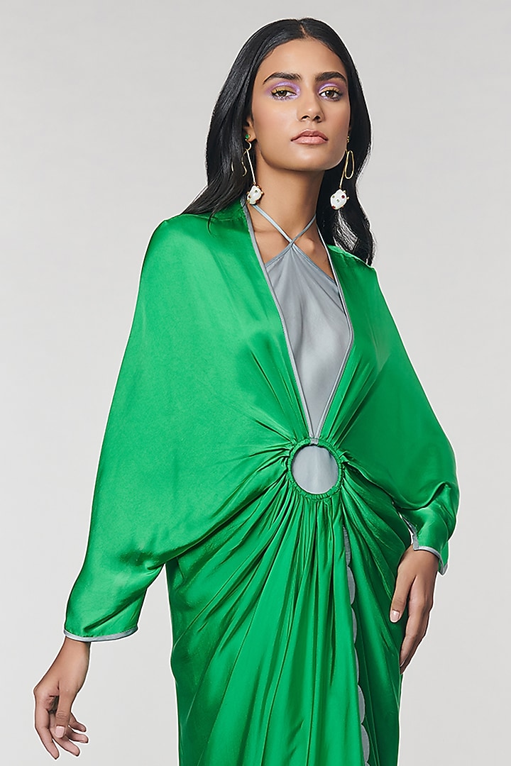 Green Scalloped Detailed Ring Party Wear Gown by Amit Aggarwal X Wendell Rodricks at Pernia's Pop Up Shop