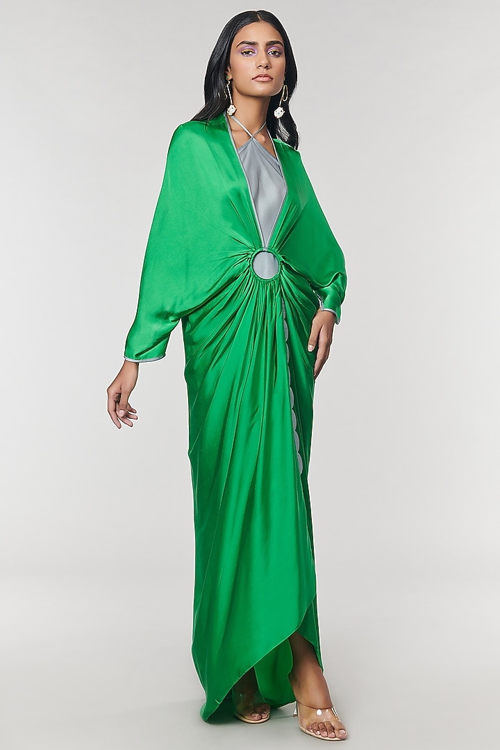 Green Scalloped Detailed Ring Party Wear Gown by Amit Aggarwal X Wendell Rodricks at Pernia's Pop Up Shop
