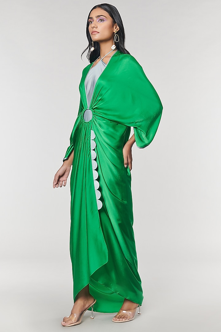 Green Scalloped Detailed Ring Party Wear Gown by Amit Aggarwal X Wendell Rodricks at Pernia's Pop Up Shop