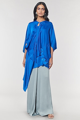 Blue Scalloped Detailed Asymmetrical Cape Top by Amit Aggarwal X Wendell Rodricks