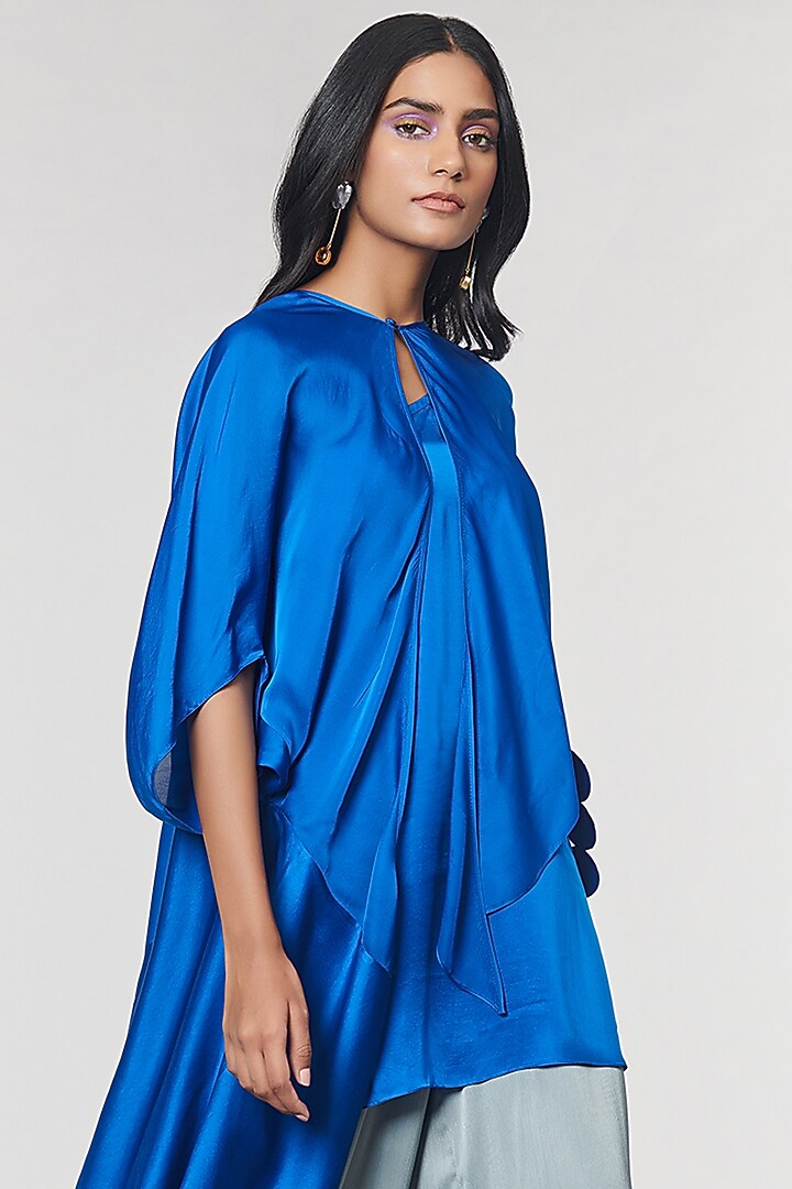 Blue Scalloped Detailed Asymmetrical Cape Top by Amit Aggarwal X Wendell Rodricks at Pernia's Pop Up Shop