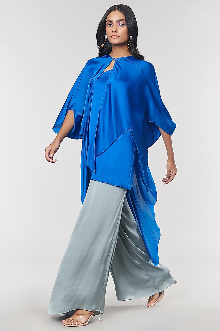 Blue Scalloped Detailed Asymmetrical Cape Top by Amit Aggarwal X Wendell Rodricks at Pernia's Pop Up Shop