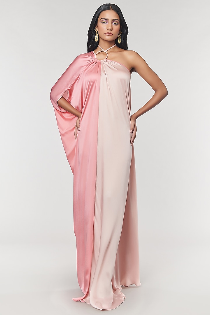 Blush & Salmon One Shoulder Ring Party Wear Gown by Amit Aggarwal X Wendell Rodricks at Pernia's Pop Up Shop