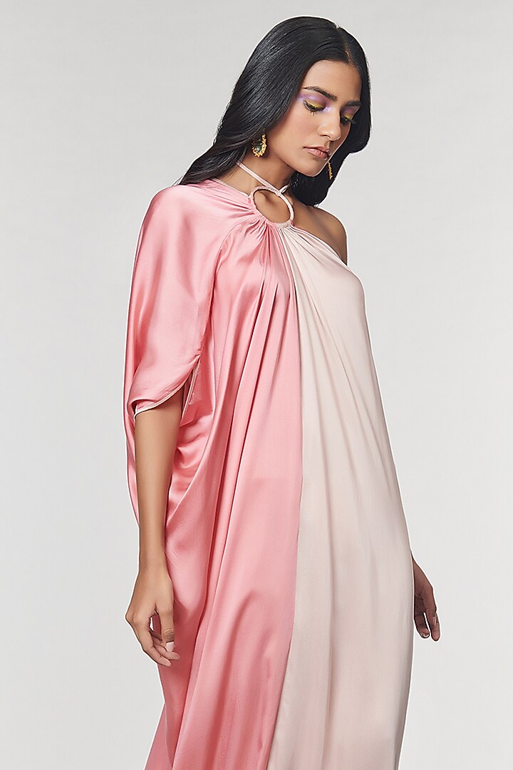 Blush & Salmon One Shoulder Ring Party Wear Gown by Amit Aggarwal X Wendell Rodricks at Pernia's Pop Up Shop