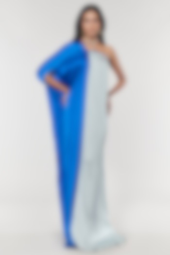 Blue & Grey One Shoulder Ring Party Wear Gown by Amit Aggarwal X Wendell Rodricks at Pernia's Pop Up Shop
