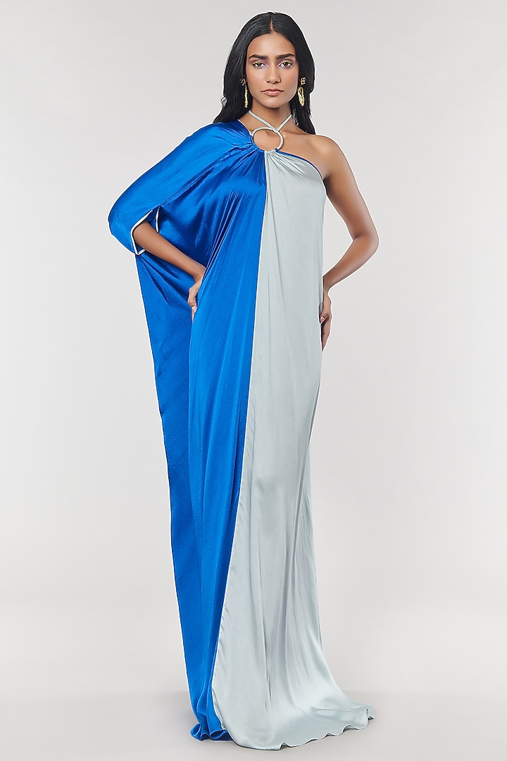 Blue & Grey One Shoulder Ring Party Wear Gown by Amit Aggarwal X Wendell Rodricks at Pernia's Pop Up Shop