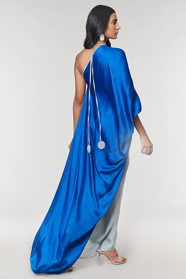 Blue & Grey One Shoulder Ring Party Wear Gown by Amit Aggarwal X Wendell Rodricks at Pernia's Pop Up Shop