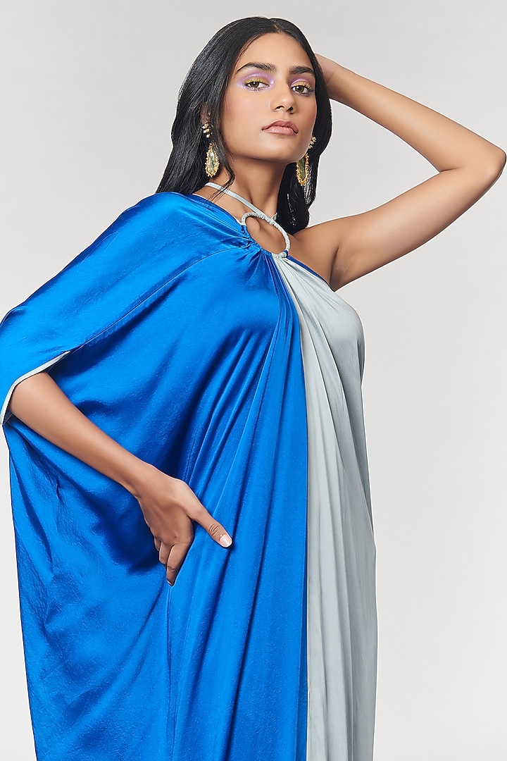 Blue & Grey One Shoulder Ring Party Wear Gown by Amit Aggarwal X Wendell Rodricks at Pernia's Pop Up Shop