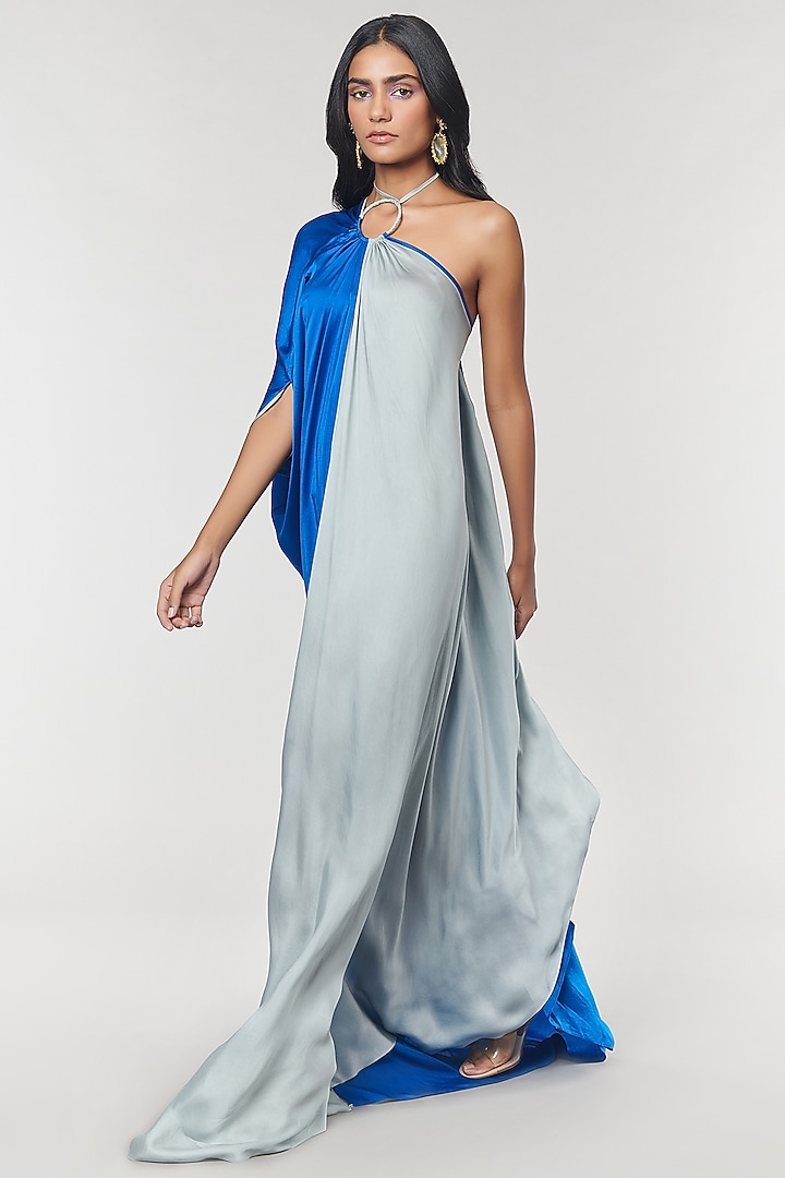 Blue & Grey One Shoulder Ring Party Wear Gown by Amit Aggarwal X Wendell Rodricks at Pernia's Pop Up Shop