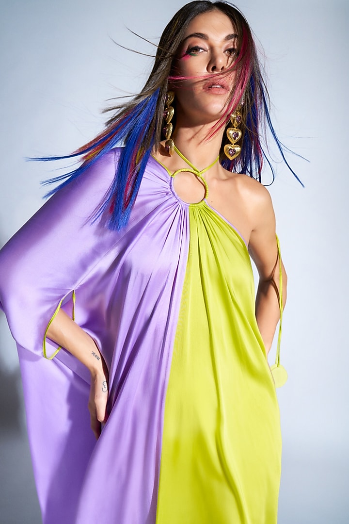 Lilac & Neon One Shoulder Ring Party Wear Gown by Amit Aggarwal X Wendell Rodricks at Pernia's Pop Up Shop