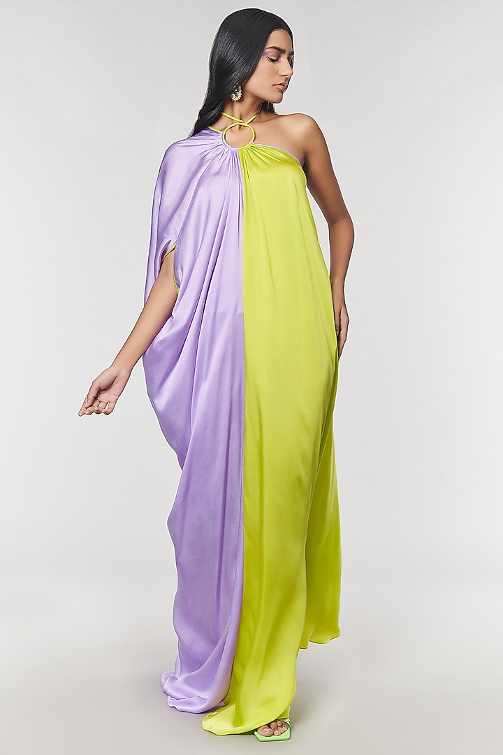 Lilac & Neon One Shoulder Ring Party Wear Gown by Amit Aggarwal X Wendell Rodricks at Pernia's Pop Up Shop