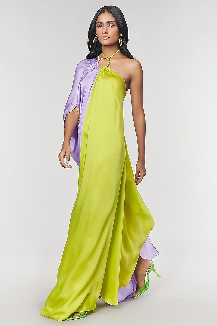 Lilac & Neon One Shoulder Ring Party Wear Gown by Amit Aggarwal X Wendell Rodricks at Pernia's Pop Up Shop