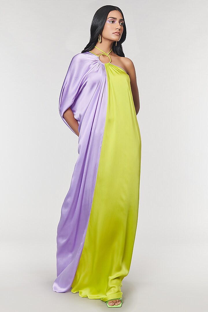 Lilac & Neon One Shoulder Ring Party Wear Gown by Amit Aggarwal X Wendell Rodricks at Pernia's Pop Up Shop