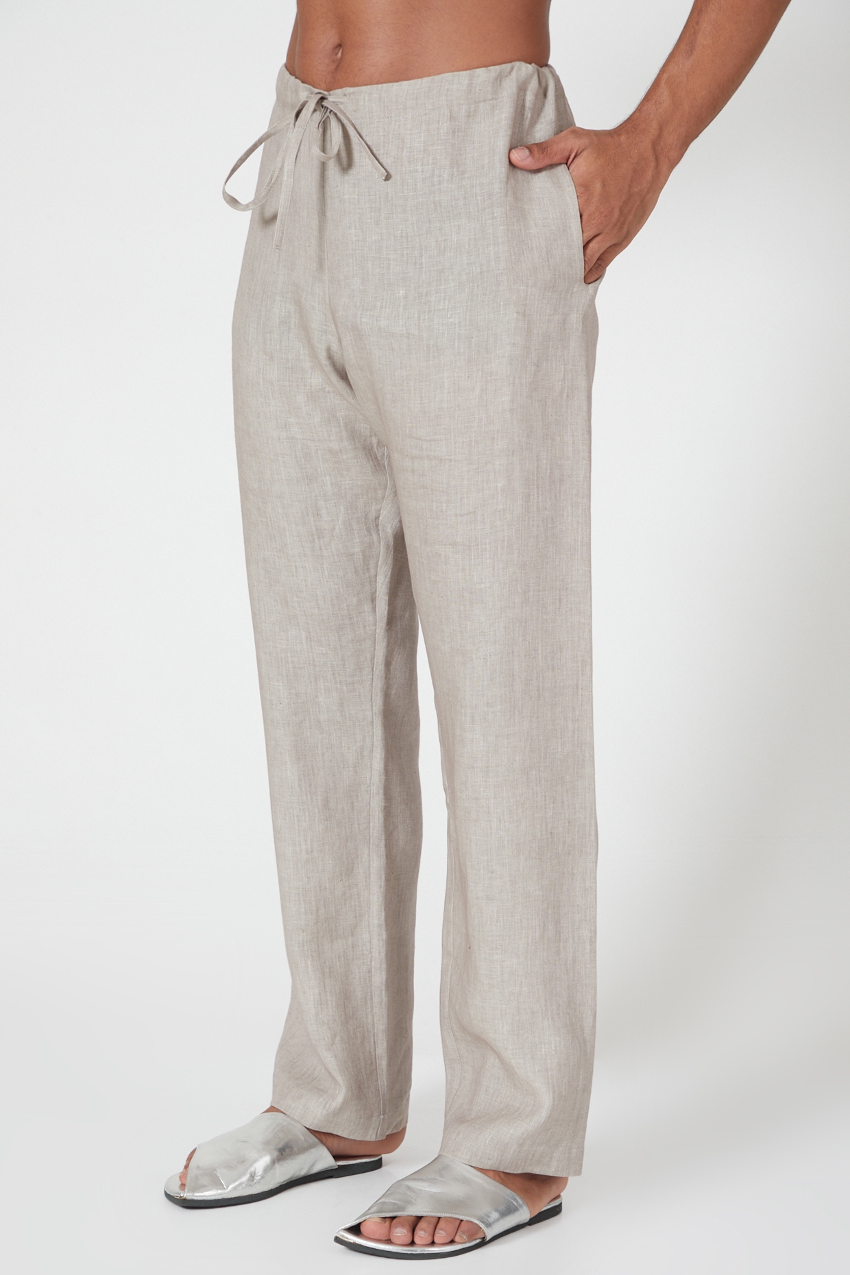 Grey Linen Pants With Side Pockets 