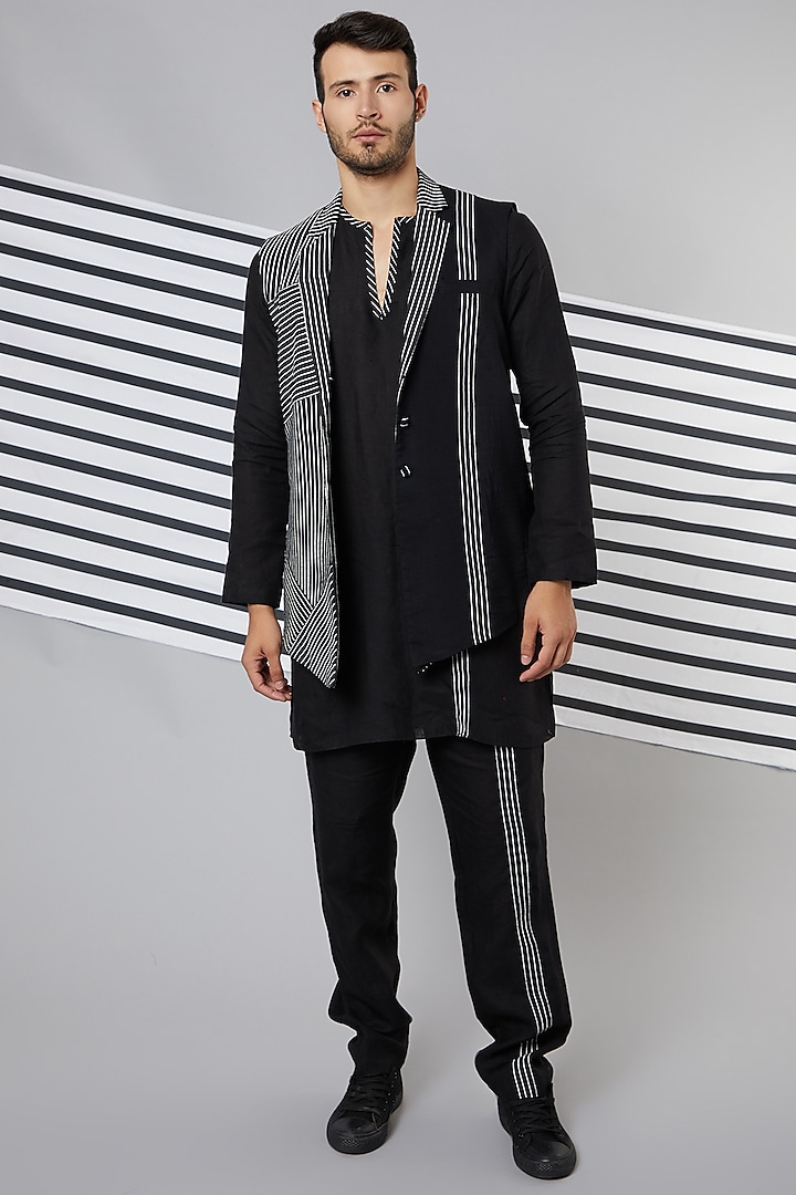 Black Cotton Printed Striped Bundi Jacket Set by Wendell Rodricks Men