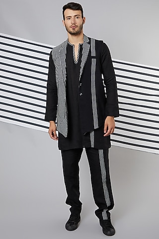 Black Cotton Printed Striped Bundi Jacket Set by Wendell Rodricks Men