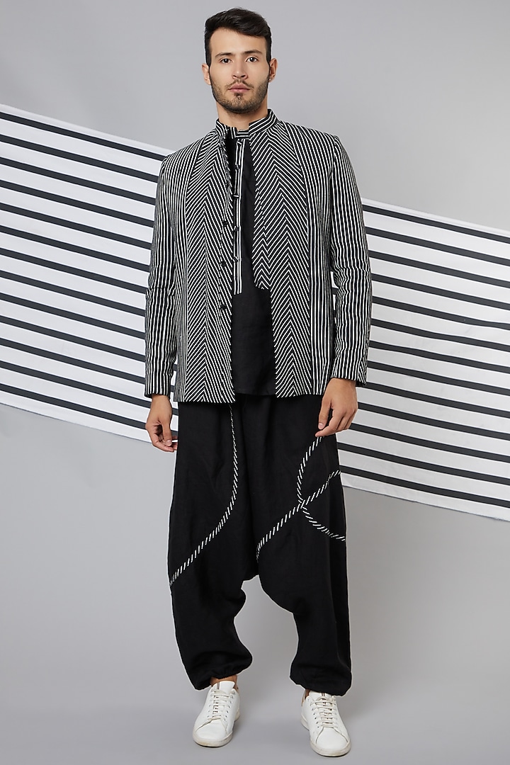 Black Striped Bandhgala Jacket Set by Wendell Rodricks Men