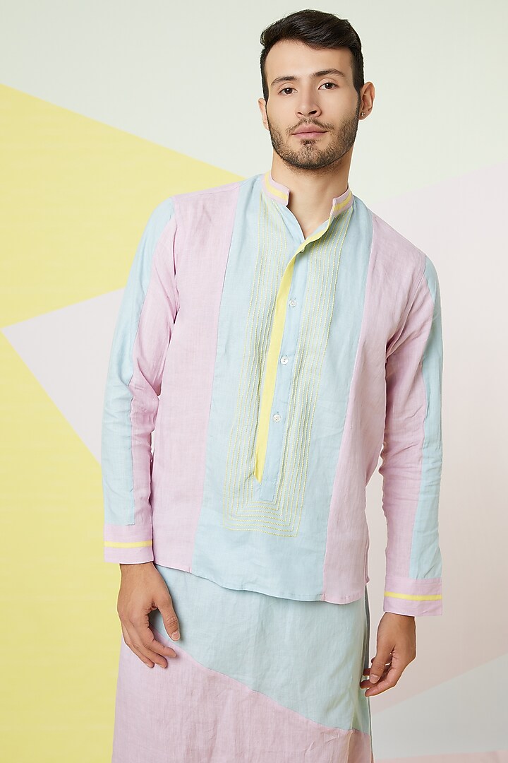 Lavender Party Wear Shirt With Contrast Placket by Wendell Rodricks Men at Pernia's Pop Up Shop