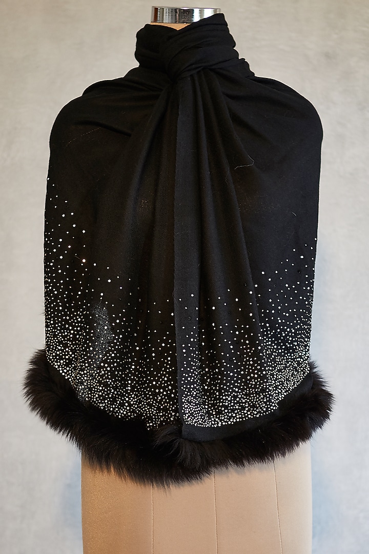 Black Swarovski Embroidered Shawl With Faux Fur by Wrapture by Suzanne