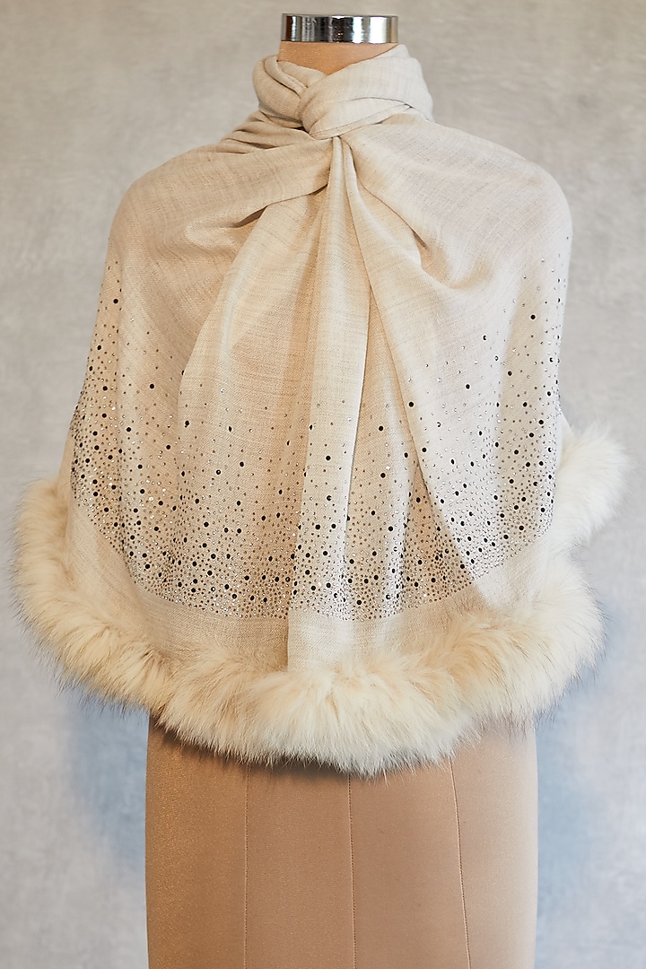 Cream Swarovski Embroidered Shawl With Faux Fur by Wrapture by Suzanne